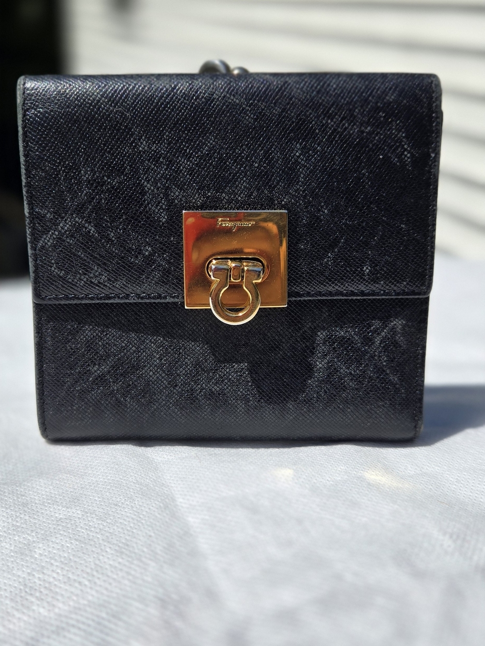 Like NEW Salvatore Ferragamo Women's Navy Kiss Lock  Tri-Fold Wallet